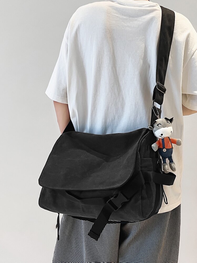 Men Minimalist Messenger Bag With Cartoon Charm - Black - View 1