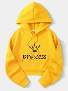 SHEIN EZwear Letter Graphic Drawstring Thermal Lined Hoodie - Yellow - View 1