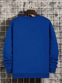 Men Slogan & Building Print Thermal Pullover - Royal Blue - View 2
