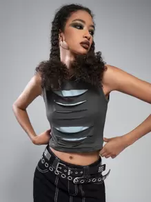 ROMWE Ripped Crop Tank Top - Grey - View 1