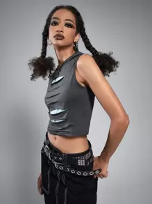 ROMWE Ripped Crop Tank Top - Grey - View 3