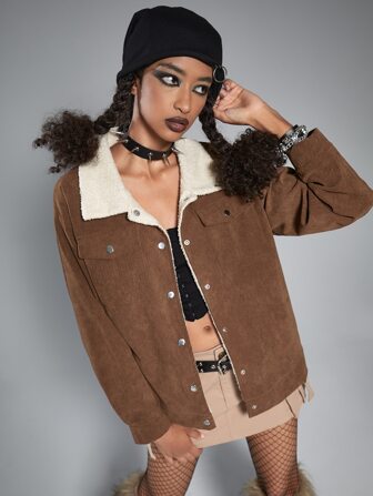 Grunge Punk Cazadora cuello de borreguito con forro teddy