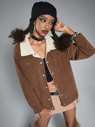 Grunge Punk Cazadora cuello de borreguito con forro teddy