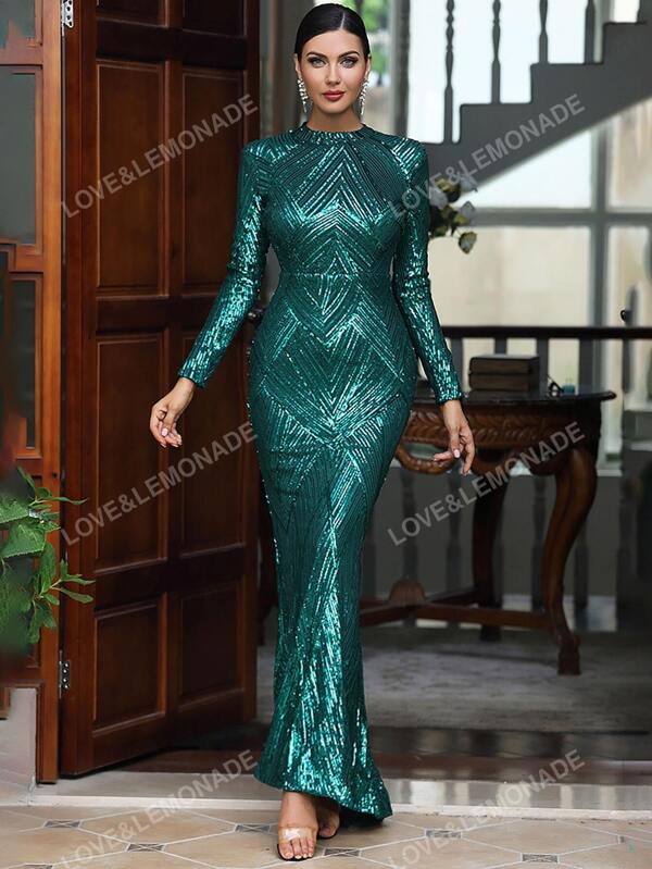 LOVE&LEMONADE Vestido formal de cola de sirena con lentejuelas, elegante vestido de noche, fiesta, graduación o cena con mangas largas para bodas