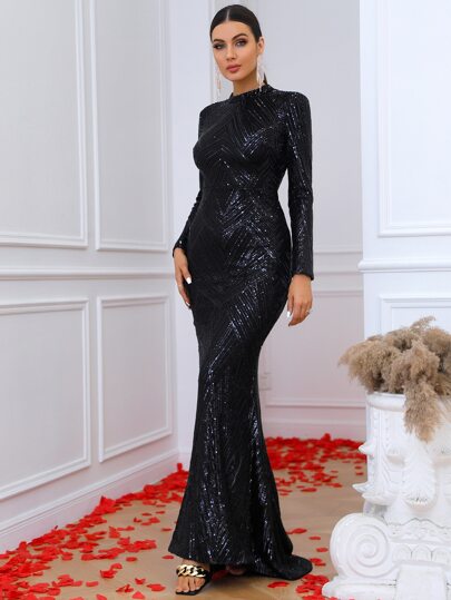 LOVE&LEMONADE Mermaid Hem Sequin Formal Gown Black Elegant Long Sleeve Prom Evening Wedding Guest Dress, For Graduation, Dinner Party Dress Spring