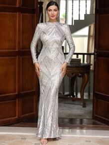 LOVE&LEMONADE Mermaid Hem Sequin Formal Gown Elegant Long Sleeve Prom Evening Wedding Guest Dress, For Graduation, Dinner - Silver - View 1
