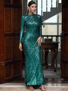 LOVE&LEMONADE Đầm dạ hội đính sequin dáng đuôi cá, đầm dài tay thanh lịch dự tiệc cưới, dạ hội tốt nghiệp, tiệc tối mùa xuân. - màu xanh lá - Xem 4