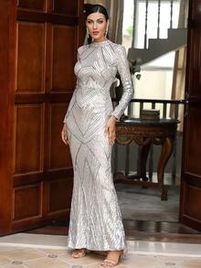 LOVE&LEMONADE Mermaid Hem Sequin Formal Gown Elegant Long Sleeve Prom Evening Wedding Guest Dress, For Graduation, Dinner - Silver - View 3