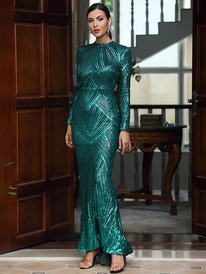 LOVE&LEMONADE Mermaid Hem Sequin Formal Gown, Elegant Long Sleeve Prom Evening Wedding Guest Dress, For Graduation, Dinner Party Dress Spring