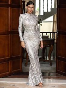 LOVE&LEMONADE Mermaid Hem Sequin Formal Gown Elegant Long Sleeve Prom Evening Wedding Guest Dress, For Graduation, Dinner - Silver - View 4
