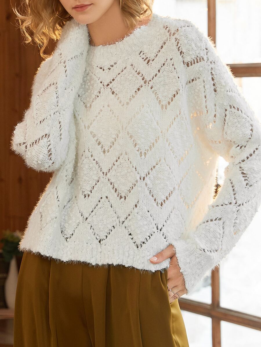 Knit Mix Áo len chui đầu dáng rộng cổ tròn khoét cổ cho nữ (Hoa văn ngẫu nhiên) - trắng - Xem 1