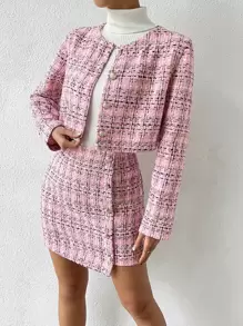 SHEIN Clasi Plaid Button Front Crop Jacket & Skirt, Ladies Late Fall Elegant Button, Rib-Knit Long Sleeve Regular Fit Pink Regular Sleeve Jackets Skirt Women Two-Piece Outfits, Professional/Business Attire/Workwear - Pink - View 6