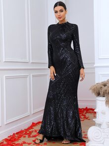 LOVE&LEMONADE 美人鱼裙摆亮片正式礼服，黑色优雅长袖舞会晚宴婚礼宾客礼服，毕业典礼、晚宴派对春季礼服 - 黑色 - 查看 3