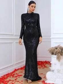 LOVE&LEMONADE 美人鱼裙摆亮片正式礼服，黑色优雅长袖舞会晚宴婚礼宾客礼服，毕业典礼、晚宴派对春季礼服 - 黑色 - 查看 4