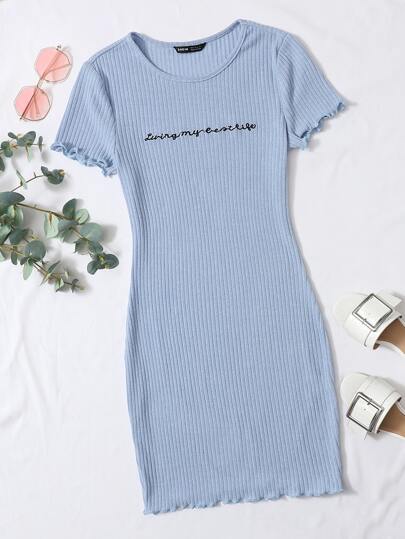Muchica Slogan Embroidered Lettuce Edge Rib-knit Dress