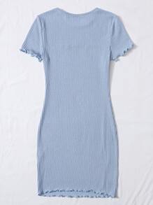 Muchica Slogan Embroidered Lettuce Edge Rib-knit Dress - Baby Blue - View 2