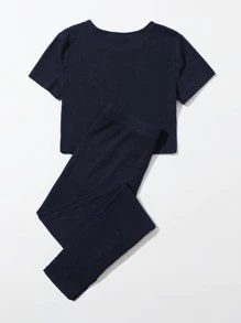SHEIN EZwear Ribbed Cropped Tee & Drawstring Leggings Set - Navy Blue - View 2