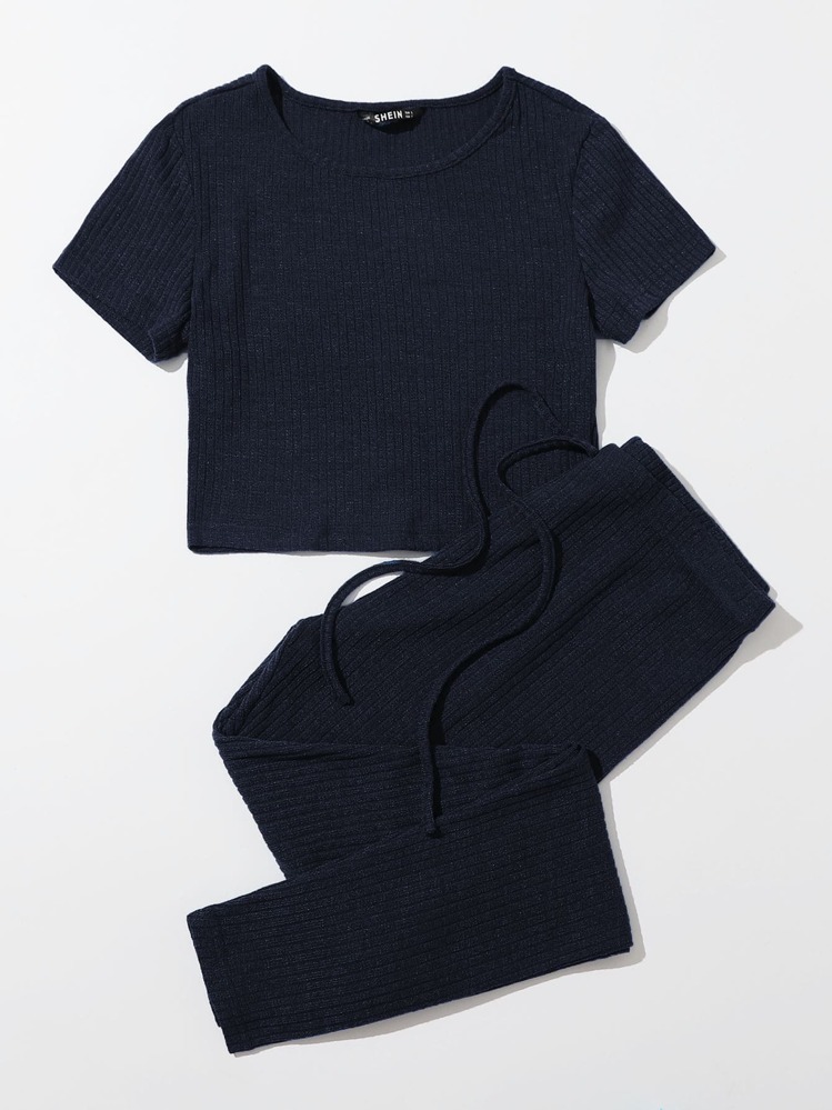 SHEIN EZwear Ribbed Cropped Tee & Drawstring Leggings Set - Navy Blue - View 3