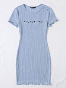 Muchica Slogan Embroidered Lettuce Edge Rib-knit Dress - Baby Blue - View 4
