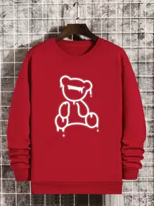 男士小熊印花加絨內裏運動衫 - 紅色 - 查看 1