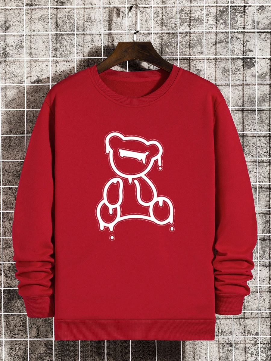男士小熊印花加絨內裏運動衫 - 紅色 - 查看 1