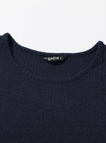 SHEIN EZwear Ribbed Cropped Tee & Drawstring Leggings Set - Navy Blue - View 4