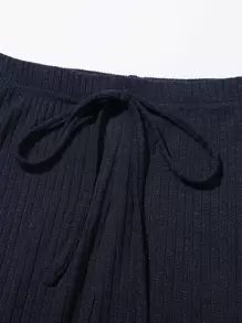 SHEIN EZwear Ribbed Cropped Tee & Drawstring Leggings Set - Navy Blue - View 5