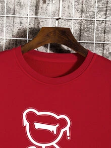 男士小熊印花加絨內裏運動衫 - 紅色 - 查看 6