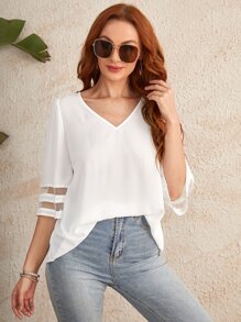 SHEIN LUNE V領薄透網紗拼接上衣 - 白色 - 查看 1