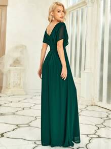 EVERPRETTY Batwing Sleeve Mesh Insert Prom Dress, Bridesmaid Dress - Dark Green - View 2