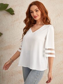 SHEIN LUNE V領薄透網紗拼接上衣 - 白色 - 查看 5