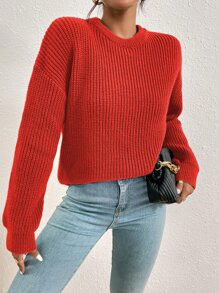SHEIN Essnce Drop Shoulder Ribbed Knit Jumper - Burnt Orange - View 3