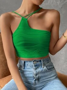 SHEIN Privé 不對稱吊帶短上衣 - 綠色 - 查看 4