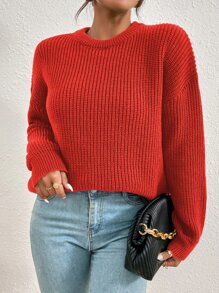 SHEIN Essnce Drop Shoulder Ribbed Knit Jumper - Burnt Orange - View 5