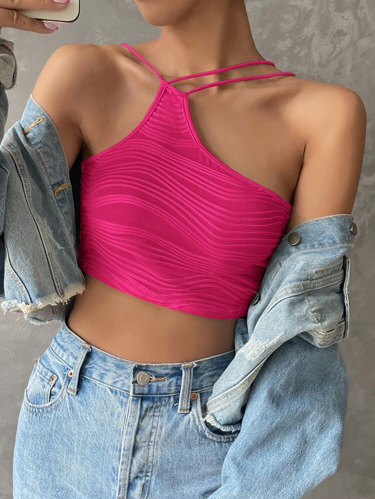 SHEIN Privé Áo nữ Bất đối xứng màu trơn Giải trí - Màu Hồng Tươi - Xem 3