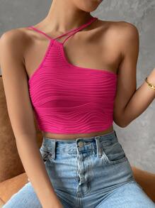 SHEIN Privé Áo nữ Bất đối xứng màu trơn Giải trí - Màu Hồng Tươi - Xem 4