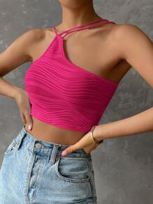 SHEIN Privé Áo nữ Bất đối xứng màu trơn Giải trí - Màu Hồng Tươi - Xem 6