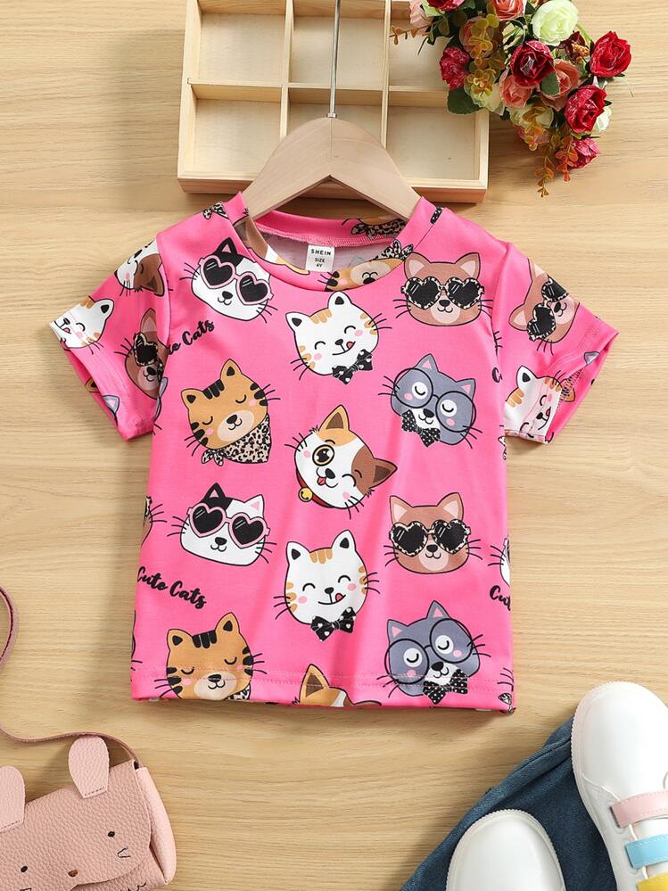 SHEIN 少女粉色卡通動物貓印花圓領短袖T恤，春/夏，適合外出和喜歡手繪卡通的孩子們 - 粉色 - 查看 1