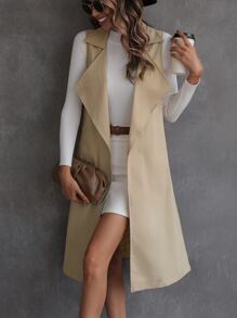 SHEIN Essnce Slit Back Lapel Collar Vest Trench Coat - Apricot - View 1