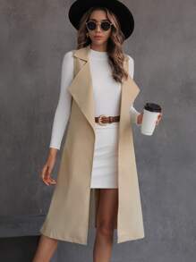 SHEIN Essnce Slit Back Lapel Collar Vest Trench Coat - Apricot - View 3