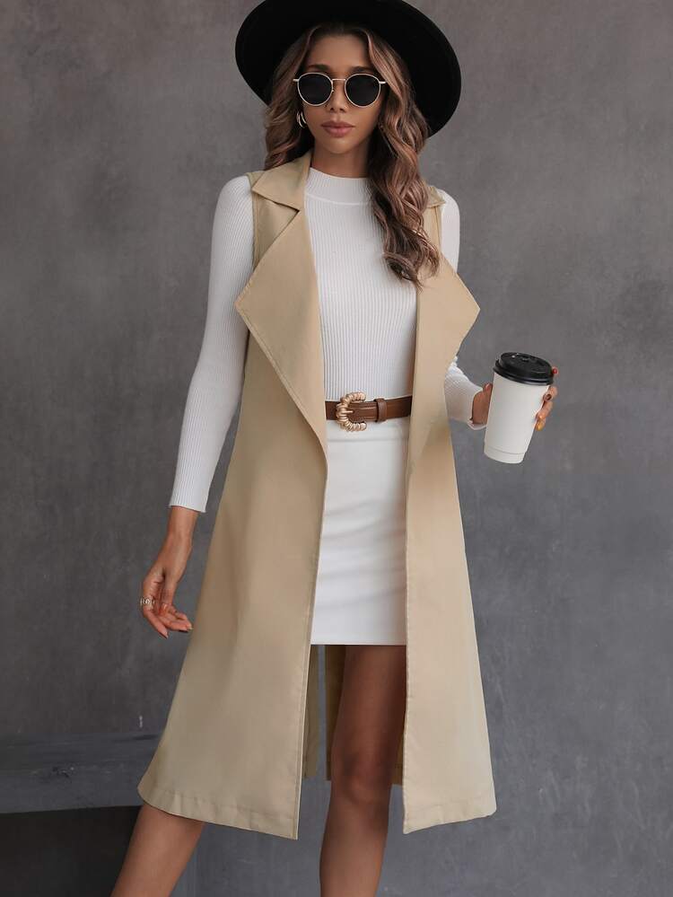 SHEIN Essnce Slit Back Lapel Collar Vest Trench Coat - Apricot - View 3