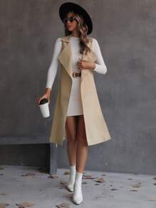 SHEIN Essnce Slit Back Lapel Collar Vest Trench Coat - Apricot - View 4
