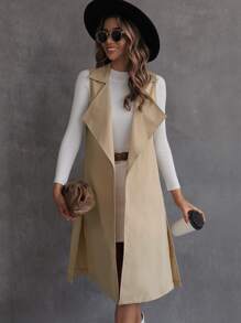 SHEIN Essnce Slit Back Lapel Collar Vest Trench Coat - Apricot - View 5