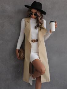 SHEIN Essnce Slit Back Lapel Collar Vest Trench Coat - Apricot - View 6