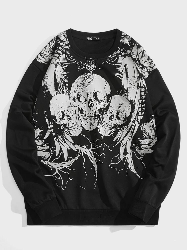 ROMWE MEN Goth Men Skull Print Sweatshirt - Black - View 1