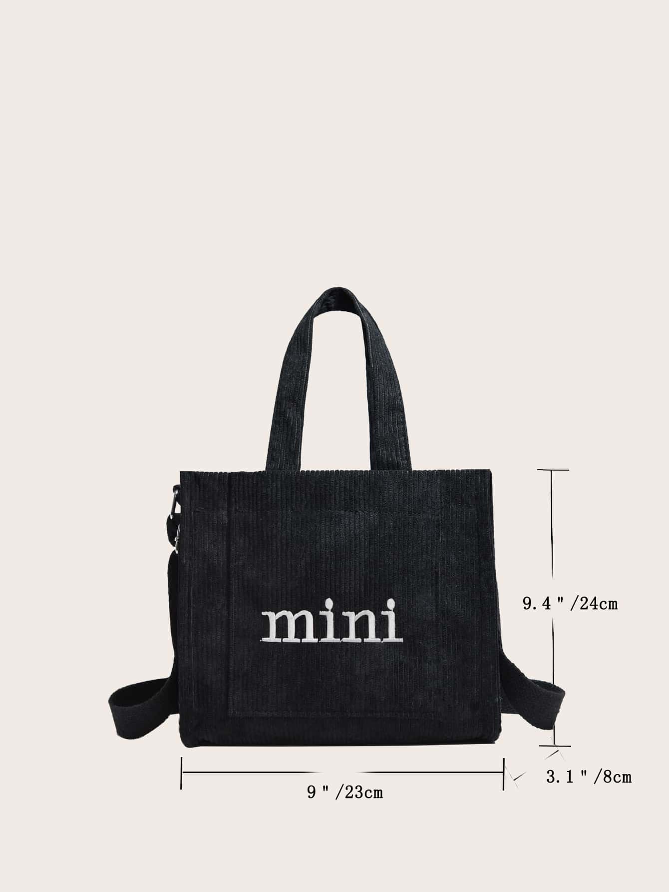 Letter Embroidery Corduroy Square Bag - Black - View 3