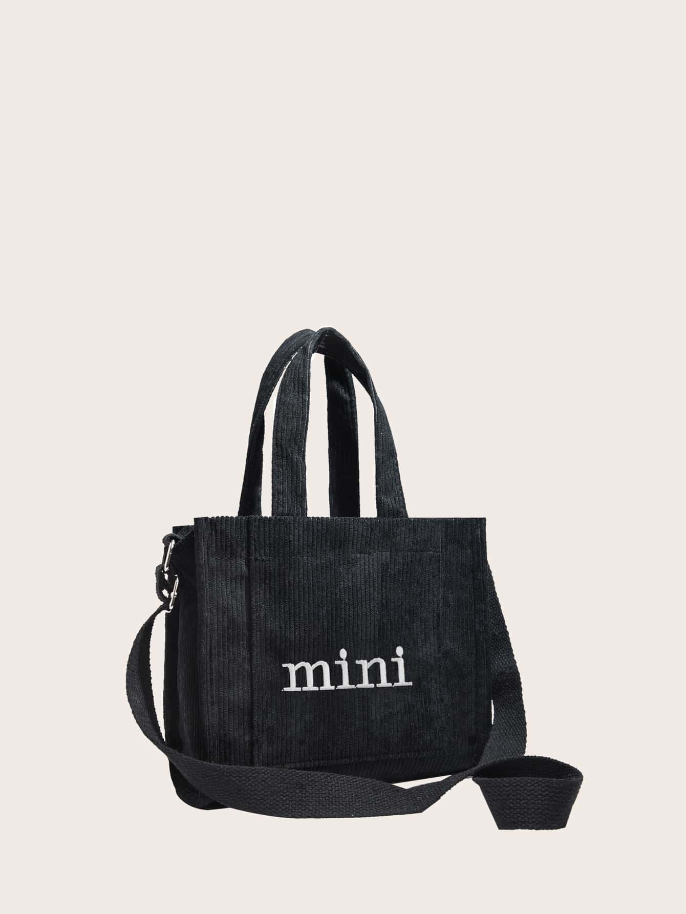 Letter Embroidery Corduroy Square Bag - Black - View 5