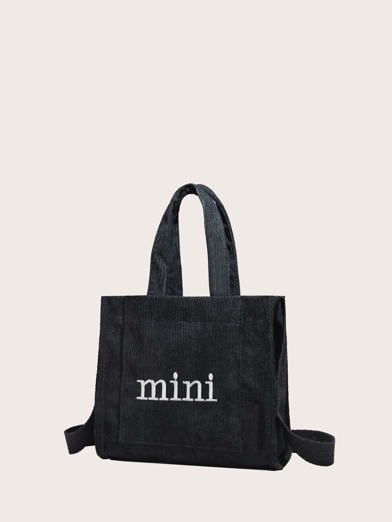 Letter Embroidery Corduroy Square Bag - Black - View 4