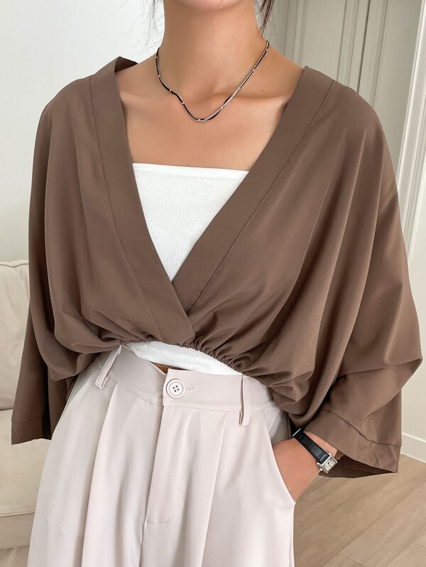 DAZY Women's Deep V-Neck Batwing Sleeve Loose Casual Business Blouse,Fall Women Clothes Long Sleeve Top