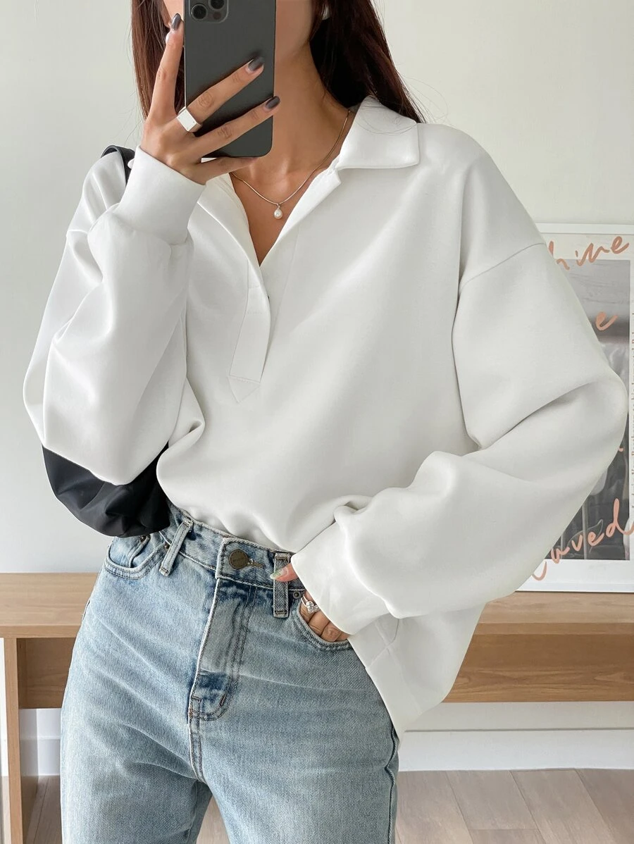 DAZY Drop Shoulder Polo Neck Sweatshirt,Long Sleeve Tops,Fall Clothes,Back To School Clothes - White - View 1